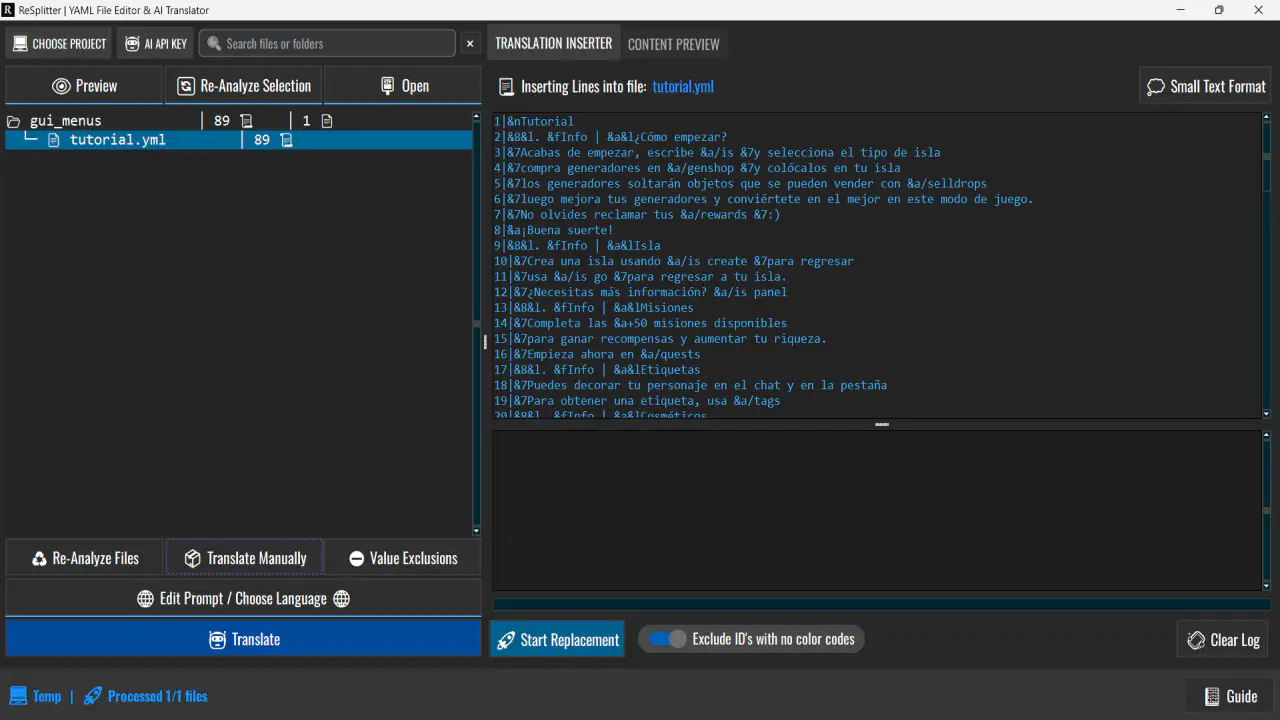 ReSplitter interface screenshot showing the complete translation workflow with file selection, filtering options, and AI integration